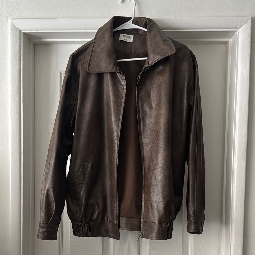Beginning Boutique Brown Faux Leather Jacket Sporty Zip-Up Design